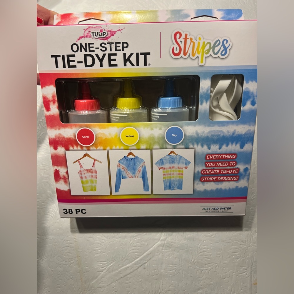 Tulip One-Step Tie-Dye Kit, Stripes, (Coral, Yellow and Sky Blue), 38 Pieces